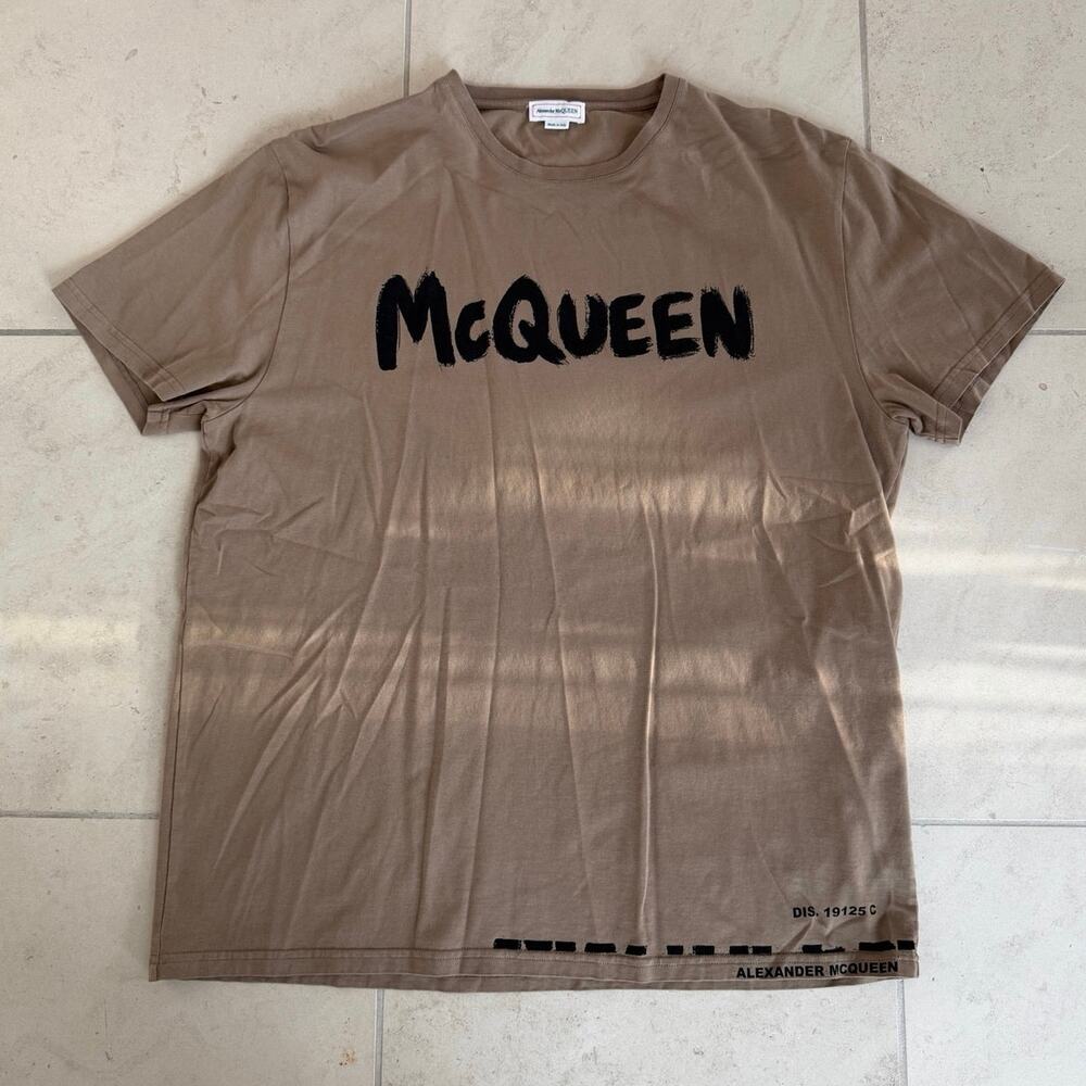 Alexander McQueen Taupe Logo T-Shirt Size L Made in Italy Cotton Designer Tee